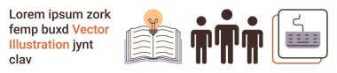 Öğrenme, takım çalışması, yenilik, eğitim, teknoloji, bilgi paylaşımı. Ampul, bir grup insan ve klavye simgeleriyle kitabı aç. Öğrenme ve takım çalışması yaratıcı sembollerle gösterilir