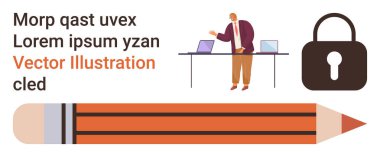 İş stratejisi, eğitim materyali, yaratıcı tasarım, veri koruması, ofis işi, grafik tasarımı. Dizüstü bilgisayarlı kişi, kilit sembollü kalem. İş stratejisi ve eğitim materyali