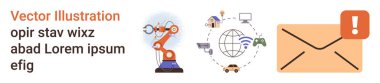 Endüstriyel süreçler, küresel internet, dijital uyarılar, otomasyon, akıllı cihazlar, siber güvenlik. Robotik kol, bağlantı sembollü küre ve uyarı içeren e-posta bildirimi. Sanayi