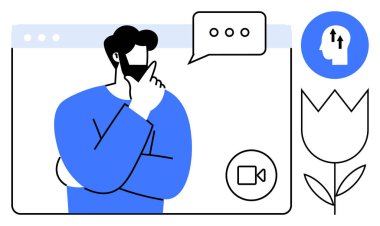 Sanal iletişim. Düşünceli bir insanla sanal iletişim, konuşma baloncukları ve video çağrısı elementleri. Çevrimiçi tartışmalarda sanal iletişim, karar verme ve işbirliği. video