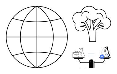 Sürdürülebilirlik kavramı. Sürdürülebilirlik sembolleri arasında bir ağaç, küre ve finansal eşitlik için dengeli ölçekler de var. Sürdürülebilirlik, eko-dostluk, küresel etki, çevre