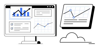 Computer screen displaying analytics dashboard with bar graph, line charts, checklists, and cloud connection. Ideal for business, technology, data, analysis, strategy planning and productivity