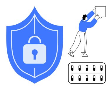 Veri güvenliği kavramı. Kilit şifrelemesi ve güvenliği olan bir kalkan. Veri güvenliği bilgiyi koruma ve bütünlüğü arttırır. Dijital güvenlik, gizlilik ve çevrimiçi depolama çözümleri için