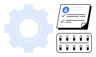İş akışını sembolize eden teçhizat, görev için kontrol işaretleri ve kullanıcı profili olan sayfa ve kontrol için santral. Yönetim için ideal, otomasyon, optimizasyon, planlama, verimlilik, basit düz işlem