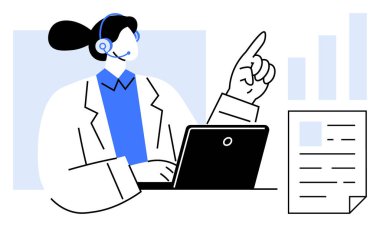 Müşteri destek konsepti. Müşteri, iletişim için dizüstü bilgisayar ve kulaklık kullanan bir profesyonele destek veriyor. Müşteri desteği, yardım, sorun çözme ve sistem verimliliği sağlar. Hizmet için