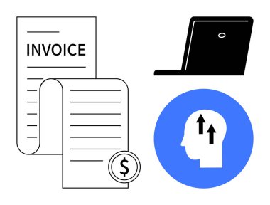 Finansal yönetim. Bir dizüstü bilgisayar ve kavramsal büyüme ikonu ile birlikte faturaları da içeren mali belgeler. Finansal yönetim organizasyonu ve profesyonel iş akışını teşvik eder. İş için, fintech