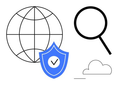 Küresel ağı temsil eden dünya, siber güvenliği gösteren kalkan arama için büyüteç, depolama için bulut. Gizlilik, güvenlik, teknoloji, arama, internet güvenlik bulut hesaplaması için ideal