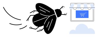 E-ticaret, online alışveriş, dijital ticaret, haşere kontrolü, iş metaforu, teknoloji bozulması. Kara sinek çevrimiçi bir mağaza simgesine yaklaşıyor. E-ticaret ve online alışveriş kavramı