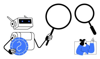 Yapay zeka konsepti. Yapay zeka robotu büyüteçle verileri araştırıyor. Teknoloji ve araştırma alanlarındaki insan-bilgisayar etkileşimini araştıran yapay zeka. Kullan