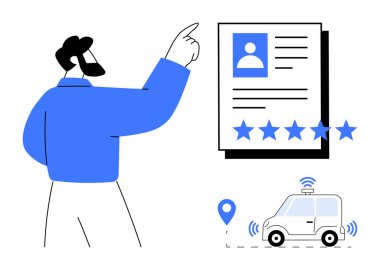 Otomobil navigasyon sistemi ve kablosuz bağlantının yanında yıldız dereceli bir kullanıcı profili analiz ediliyor. Araç paylaşım hizmetleri, otonom teknoloji ve müşteri için ideal