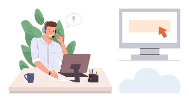 Müşteri desteği, teknik yardım, uzaktan çalışma, çevrimiçi öğrenme, iletişim, çağrı merkezi. Masada kulaklıklı, bilgisayar konuşma baloncuklu bir ajan var. Müşteri desteği ve teknik yardım kavramı