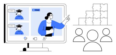 Sanal öğrenme konsepti. Sanal öğrenme araçları online bir öğretmen, canlı seans öğrencileri ve takım çalışması görsellerini gösteriyor. Sanal öğrenme eğitimi, eğitimi ve işbirliğini geliştirme