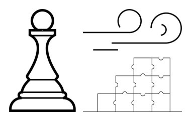 Strateji konsepti. Satranç piyonu, rüzgâr bukleleri ve bulmaca blok elementleriyle dolu bir strateji. Planlama, problem çözme, takım çalışması ve eleştirel düşünme stratejisi. Oyun eğitimi için harika.