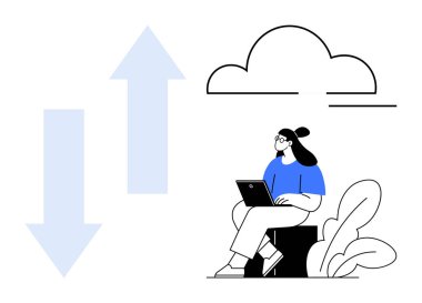 Bulut hesaplama konsepti. Bulut hesaplaması veri yüklemeyi, indirmeyi ve çevrimiçi işbirliğini görselleştirir. Bulut hesaplama modern teknoloji, internet hizmetleri, uzak çalışma ve depolama çözümlerini destekler