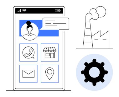 Dijital iletişim. Kullanıcıları bağlayan uygulama simgeleriyle akıllı bir telefonla dijital iletişim. Endüstriler, şirketler ve kullanıcılar arasında dijital iletişim. Teknoloji, endüstri ve iş için ideal.