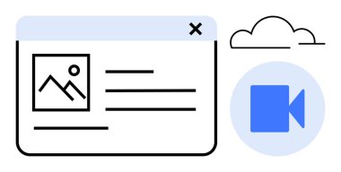 Çevrimiçi medya, bulut depolama, video paylaşım, dijital içerik, web arayüzü, veri transferi. Resim küçük resmi, bulut ve video simgesine sahip uygulama penceresi. Bulut depolama ve çevrimiçi ortam kavramı