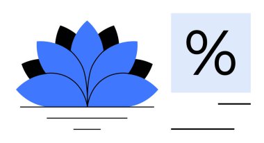 Yoga, meditasyon, rahatlama, doğa, sağlık, finansal kavramlar. Modern tasarımda yüzde işareti olan soyut nilüfer çiçeği. Yoga ve finansal kavramlar