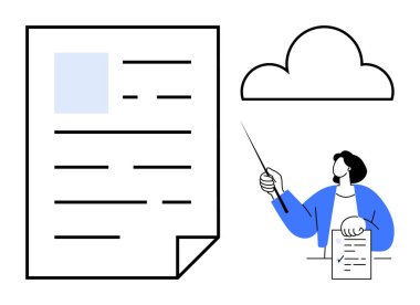 Büyük kağıt döküman, bulut sembolü ve işaretleyici ile sunulan şahıs. Eğitim, eğitim, takım çalışması, bulut hizmeti, dosya paylaşım iletişimi uzaktan işbirliği için ideal. Basit düz
