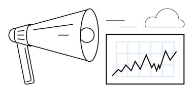 Dijital pazarlama, iş büyümesi, satış stratejisi, promosyon, analitik, iletişim. Megafon ve büyüme grafikleri yükselen eğilimli simgeler. Pazarlama stratejisi ve iş büyümesi görselleri