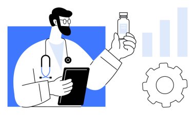 Sağlık uzmanıyım. Elinde ilaç tutan ve teknoloji kullanan bir doktorla sağlık hizmeti. Sağlık hizmetleri yenilikçiliği, veriye dayalı kararları bütünleştirir. Tıbbi, araştırma ve teknoloji için.