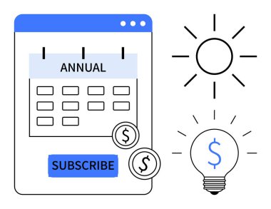Finansal planlama, çevrimiçi abonelikler, ödeme çözümleri, fikir üretimi, tasarruf, bütçe. Abonelik takvimi, abonelik düğmesi, bozuk paralar ampul ve güneş. Finansal
