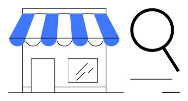 Pencerenin yanında çizgili güneşlik olan mağaza penceresi analizi, araştırmayı ya da yerel iş keşiflerini gösteriyor. Ticaret, perakende, analiz, veri, küçük pazarlama şirketleri için ideal. A