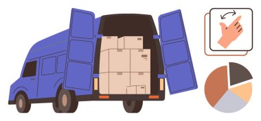 Lojistik, dağıtım hizmetleri, mal taşımacılığı, tedarik zinciri, paket yönetimi, veri görselleştirme. Kutulu minibüs, el hareketi sembolü pasta grafiği. Teslimat hizmetleri ve lojistik konsepti