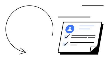 Bir kullanıcı profili ve kontrol listesinin yanında geribildirim ya da güncellemeyi temsil eden dairesel ok. Kullanıcı veri yönetimi, hesap güncellemeleri, görev izleme, geri besleme döngüleri, iş akışları, düzeltmeler için ideal