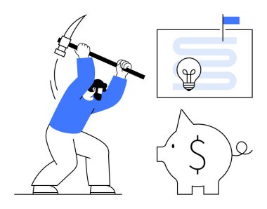 Para tasarrufu konsepti. Madenci kaynakları tasarrufu, yatırım için bir kumbara ve ampul fikirli bir plan para tasarrufu kavramını ön plana çıkarıyor. Finansal eğitime elverişli