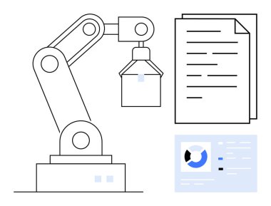 Otomasyon konsepti. Robot kol işleme görevlerinin iyonu, dijital belgeler ve otomasyonun veri yönetimine entegrasyonu. Otomasyon akışı, iş akışı ve verimlilik. Teknoloji için ideal