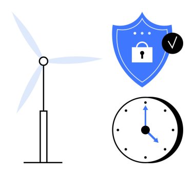 Yenilenebilir enerji kavramı. Siber güvenlik ve zaman iyonunun yanında rüzgar türbini ile yenilenebilir enerji. Güç yeniliği, sürdürülebilirlik, teknoloji ve çevresel çözümler için yenilenebilir enerji