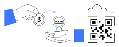 Dijital ödemeler, engelleme zinciri, QR kodları, kripto para birimi, fintech, güvenli işlemler. El değiştiren para karşılığında simge, QR kodu ve bulut sembolü. Dijital ödemeler ve engelleme zinciri