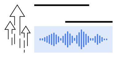 Yukarı doğru çıkan oklar mavi dalga boyu büyümeyi, yeniliği, ilerlemeyi ve sesle ilgili fikirleri ön plana çıkarır. Teknoloji, iletişim, gelişme, medya analitik ekip çalışması için ideal. A