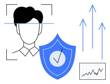 Kimlik doğrulama, siber güvenlik, veri koruması, dijital kimlik doğrulama, iş büyümesi, analitik. Yüzü odaklı, güvenlik kalkanı yukarı doğru ok ve çizelge. Kimlik doğrulaması