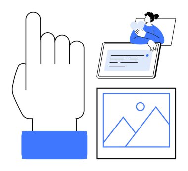 Dijital etkileşim konsepti. Dijital etkileşim el hareketlerini, dokunmatik ekran arayüzlerini ve görüntü görüntüsünü içerir. Teknoloji, tasarım, uygulamalar, kullanıcı deneyimi ve ortam için dijital etkileşim