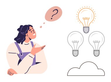 Yaratıcılık, beyin fırtınası, yenilik, fikir üretimi, problem çözme, karar verme. Düşünce balonu ve ampul fikri olan bir kadın figürü. Yaratıcılık ve beyin fırtınası konsepti