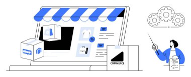 Analiz için ikonlar, nakliye kutuları, kontrol listesi ve bulut ayarlarını gösteren bir iş kadını olan bir dizüstü bilgisayarda dijital mağaza önü görüntülendi. E-ticaret için ideal, çevrimiçi alışveriş, iş