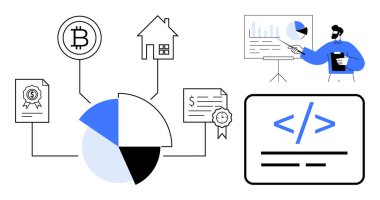 Finans, kripto para, gayrimenkul, akıllı sözleşmeler, kodlama, veri analizi. Görsel olarak bitcoin, pasta grafiği ev sertifikaları ve grafikli geliştiriciler gösteriliyor. Kripto para birimi ve finans