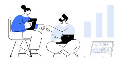 İşbirliği konsepti. Takım çalışması ve üretkenlik için dijital cihazları kullanan meslektaşlar arasındaki işbirliği. İşbirliği yaratıcılığı, yeniliği ve veriye dayalı kararları teşvik eder. Uygun.