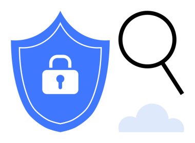 Kilit sembollü mavi kalkan, büyüteç ve siber güvenlik, gizlilik, veri erişimi. Teknoloji, internet koruması, bulut depolama, veri analizi çevrimiçi güvenlik bilişim teknolojisi için ideal