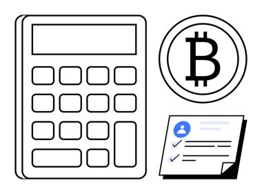 Bitcoin simgesinin yanında hesap makinesi ve kullanıcı profili ve kontrol listesi olan belge. Kripto para birimi, finans, muhasebe, dijital para birimi, yatırım, bütçe, fintech, basit düz metafor