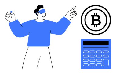Kripto para birimi, engelleme teknolojisi, dijital finans, sanal ekonomi, yatırım araçları, gelecekteki eğilimler. Hesap makinesinin yanında Bitcoin sembolünü gösteren bir kişi. Kripto para birimi ve engelleme zinciri