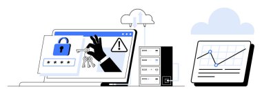 Kilit simgesi olan dizüstü bilgisayar ekranı, anahtar hırsızlığı, uyarı sembolü, veri depolama sunucusu, analitik grafik. Siber güvenlik, veri koruması, hackleme ve izleme için ideal bilişim teknolojileri dijital riski uyarır