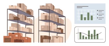 Envanter yönetimi, lojistik, depo, tedarik zinciri, hisse senedi analizi ve veri trendleri. Kutular ve veri tablolarıyla dolu raflar. Envanter yönetimi ve lojistik konsepti