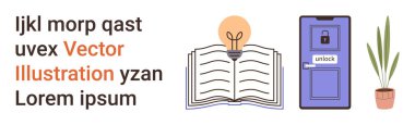 Eğitim, öğrenme, yenilik, güvenlik, mobil teknoloji, yaratıcılık. Ampul, kilitli akıllı telefon santrali ve metin harflerinin yanında açık bir kitap. Eğitim ve öğrenme kavramı