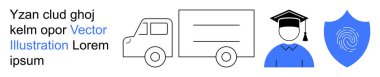 Eğitim, lojistik, kimlik güvenliği, çevrimiçi öğrenme, dağıtım hizmetleri ve güvenlik sistemleri. Mezuniyet şapkası ikonu, teslimat kamyonu ve parmak izi sergilenen bir kalkan. Eğitim ve lojistik