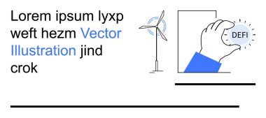 Yenilenebilir enerji, merkezi olmayan finans, sürdürülebilirlik, yeşil enerji, engelleme zinciri teknolojisi, kripto para birimi. Bir rüzgar türbini ve DeFi jetonu tutan bir el. Yenilenebilir enerji ve ademi merkeziyet