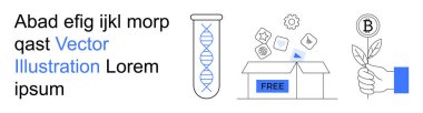 Science innovation, digital technology, eco investment, blockchain economy, free resources, research. DNA strand in a test tube, open box with icons hand holding Bitcoin sprout. Science innovation