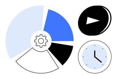 İş analizi, iş akışı optimizasyonu, zaman yönetimi, üretkenlik araçları, veri izleme, multimedya. Pasta grafiği, saat ve dişli sembollü düğme simgeleri. İş analizi ve zaman