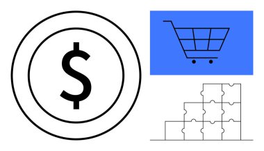 E-ticaret konsepti. Dolar işareti, alışveriş arabası, ve bulmaca parçaları e-ticaret, iş stratejisi ve problem çözme. E-ticaret çevrimiçi alışveriş, mali işlemler ve planlama destekliyor
